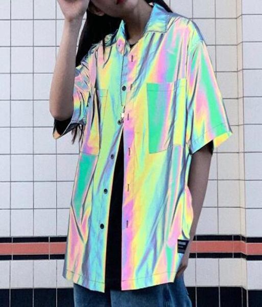 

men's casuashirts drop reflective men short sleeve shirt street hip hop punk blouse man vintage rainbow clothing men's7657794, White;black