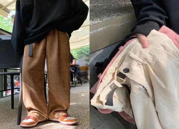 

men039s pants belt corduroy men fashion retro baggy wideleg streetwear loose hiphop straight mens multicolor trousers3272230, Black