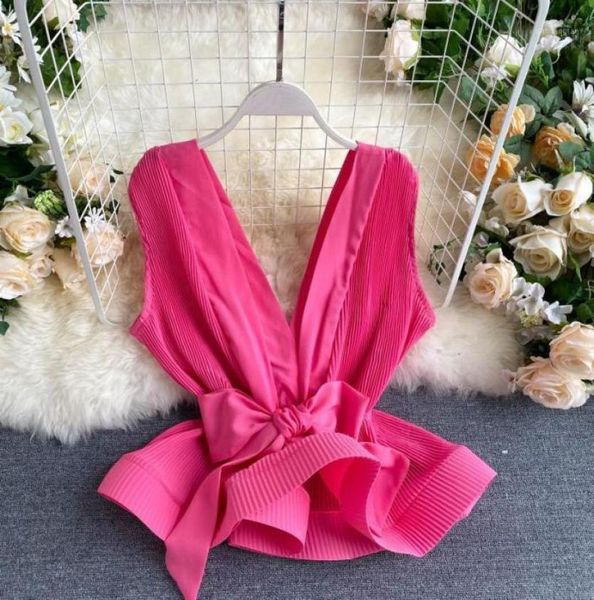 

elegant bowknot sashes women and blouse deep v chiffon sleeveless blouse shirts streetwear ruffles19705614, White