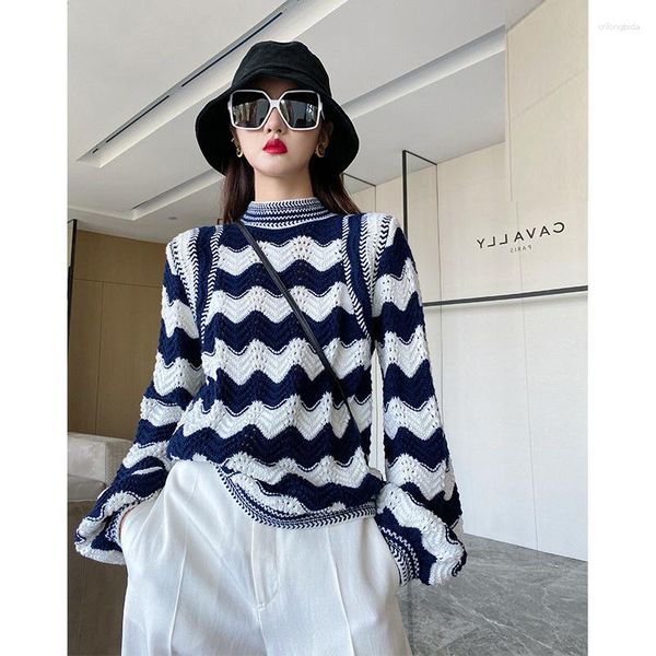 

women's sweaters french wave pattern pullover knitted sweater loose slim early autumn hollow out shirt small, White;black