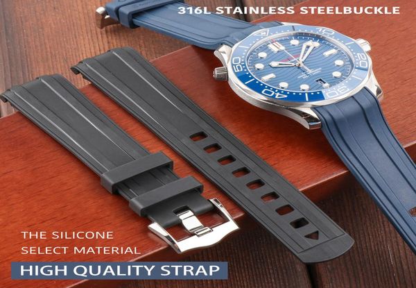 

curved end 20mm watch strap bands man blue black waterproof silicone rubber watchbands bracelet clasp buckle for omega sea master 4336882, Black;brown