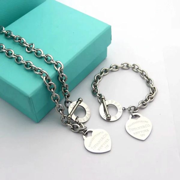

Christmas Gift Tiff Designer Sterling Silver Heart Bangle Bracelet add Necklace Set Shape Original Fashion Classic Bracelet Women Jewelry Gift with box