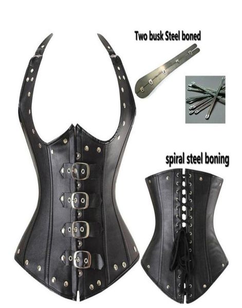 

women039s club steampunk shapers big plus size underbust gothic buckles steel boned pu leather look halterneck bustier cor1651746, Black;white