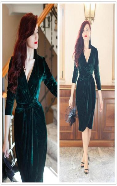 

vestido de festa dark green v neck velvet short cocktail dresses long sleeves ruched club wear dresses evening prom dresses 24091672, Black