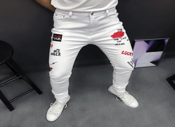 

men039s jeans white men stretch slim fit letter funny denim pants 2021 party casual street fashion rose embroidery for8957282, Blue