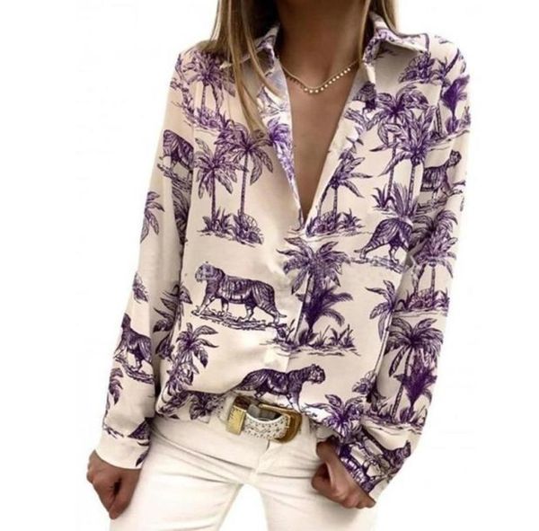 

autumn fashion casual tiger print shirt blouse women turn down collar long sleeve coconut tree loose blusas de mujer women039s 1464073, White