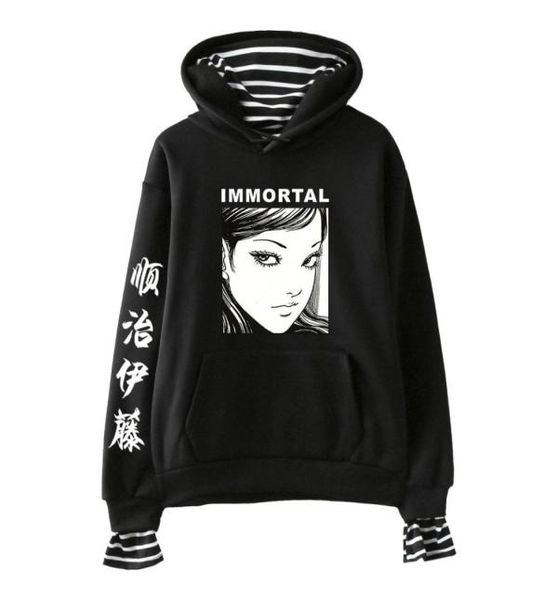 

horror comic junji ito hoodies women men fake two piece hooded sweatshirt harajuku streetwear hip hop pullover hooded jacket5226568, Black