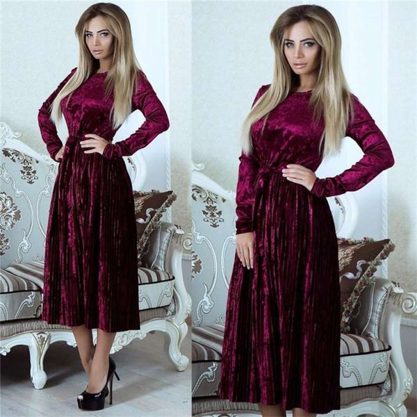 

gold velvet pure color mid length pleated dress for women, Black;gray