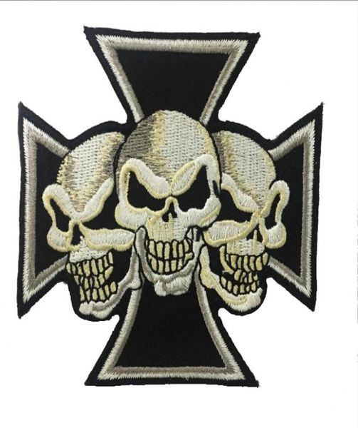 

fantastic maltese cross devil triple skulls christian embroidered patch iron on sew on patch for biker clothing jacket vest 9699578, Black