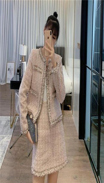 

elegant two piece skirt set for women beading o neck tweed jacket open stitchtassel a line skirt mini autumn pink outfits6906197, Gray