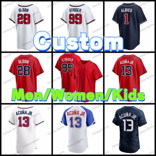 

mens women youth ronald acuna jr. jerseys 13 city connect austin riley 27 matt olson ozzie albies fred mcgriff harris ii spencer strider sti, Blue;black