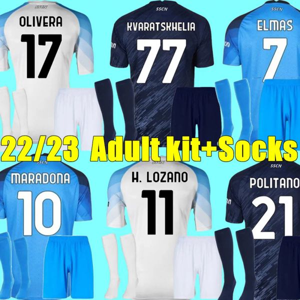 

2022 2023 napoli soccer jerseys maradona lozano kvaratskhelia 22 23 ssc naples maglia anguissa osimhen men kids kit socks full set, Black