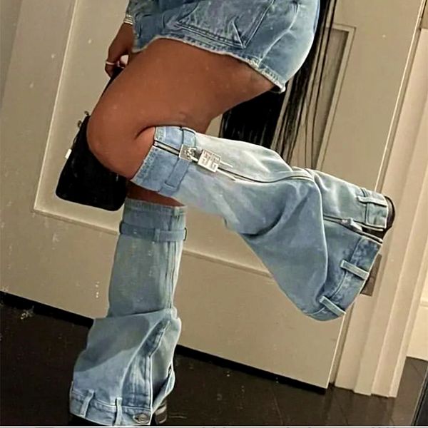 

boots autumn and winter 2023 knee high boots zipper jeans wash water to create the old design platform highheeled with 230807, Black