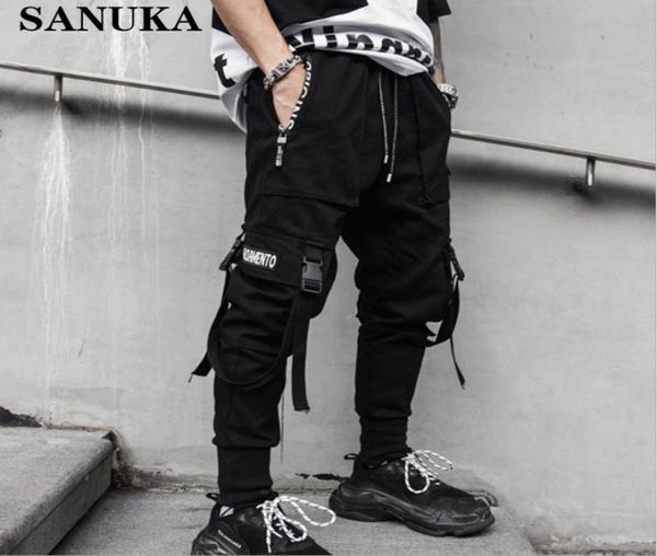 

2020 spring autumn hip hop joggers men black harem pants multipocket ribbons man sweatpants streetwear casual mens pants s2xl8815371