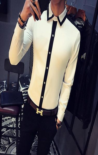 

whole 2017 white shirts mens club outfits black dress shirt man color block social camisa slim fit fashion chemise homme manc5594044, White;black