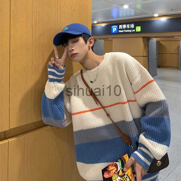 

men's sweaters striped sweater men's autumn and winter fashion brand loose color matching sweater coat versatile lazy wind thicken, White;black