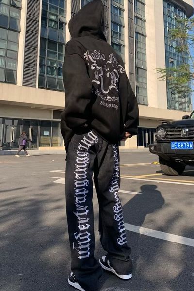 

mens jeans vibe american embroidery letter hiphop broken straight leg fashion ins loose pants streetwear pantalon wear 230808, Blue
