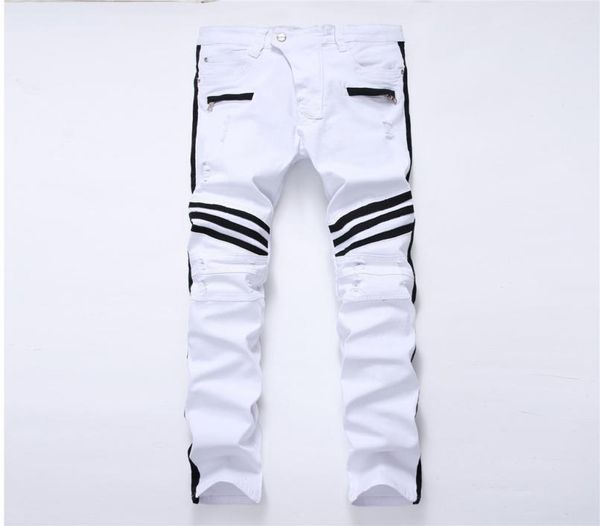 

new hole white men039s jeans straight new brand denim jeans with zippers contrast color stripe male pants slim plus size trouse5584489, Blue