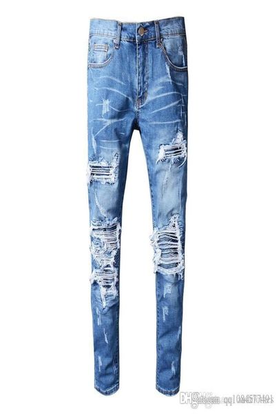 

2019 new famous fashion designer distressed ripped mens jeans motorcycle biker jeans causal hole denim pants streetwear mens jeans6068388, Blue