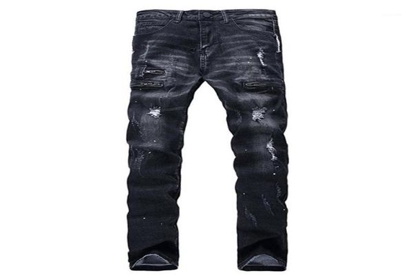 

whole hemiks fashion mens ripped biker jeans black slim fit motorcycle  vienntage distressed denim medium wash pants6821402, Blue