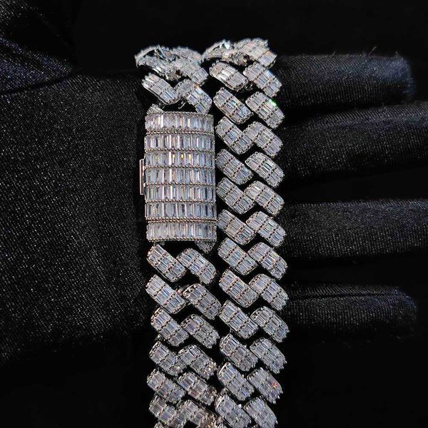 

hip hop men luxury cuban chain 19mm width baguette three-row moissanite full iced out miami cuban link chain s925 cuban necklace, Silver