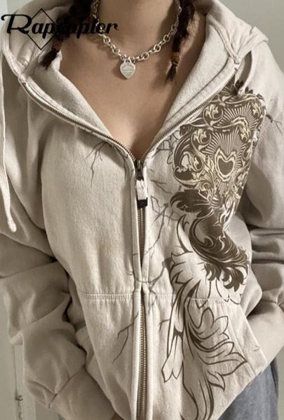 

women s jackets rapcopter y2k graphic printed zipper pockets khaki hoodies loose women retro fairycore cute autumn winter coat swe6970579, Black;brown