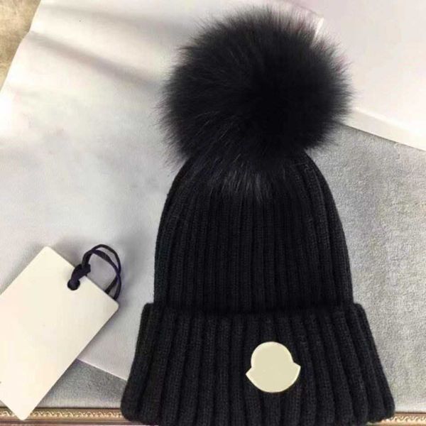 

designer winter knitted beanie wool hat women chunky knit thick warm faux fur beanies hats female bonnet detachable hairball skull caps, Blue;gray