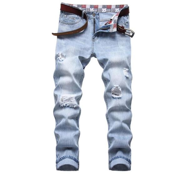 

3 styles men039s jeans ripped biker print pants destroyed hole taped slim fit denim scratched light blue trousers pantalones pa4187161