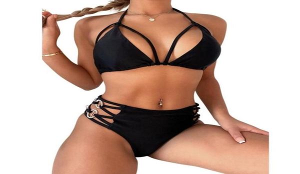 

women039s swimwear tieup halter padded bra swimsuit women side cross hollowout thong bikinis set high waist summer bathi2070670, White;black