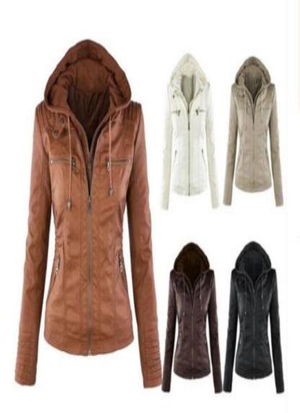 

women039s pu leather jacket hooded lapel zipper pockets removable jackets coat plus size s7xl9094487, Black;brown
