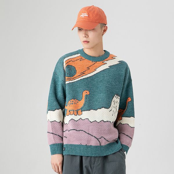 

men's sweaters 2023 spring cartoon dinosaur knitted sweater men women winter vintage loose pullover casual streetwear pull homme 230807, White;black