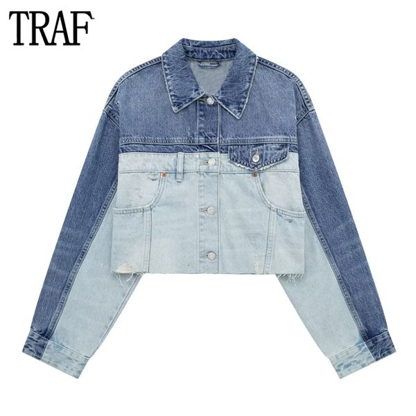 

womens jackets traf patchwork denim jacket women blue jean cropped woman long sleeve bomber for streetwear ripped coats 230808, Black;brown