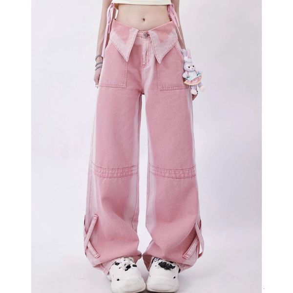 

women's jeans women pink jeans contrasting colors high waist american wide leg pants fashion hip hop vintage straight autumn blue trous