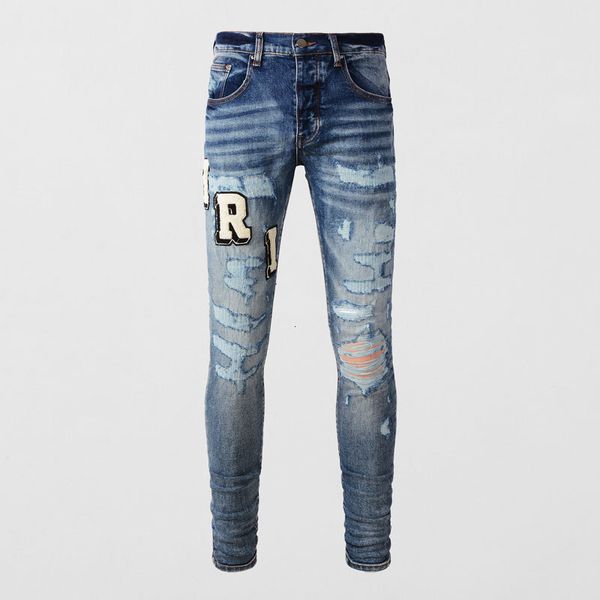 

mens jeans high street fashion men retro blue elastic stretch skinny fit ripped patched designer hip hop brand pants hombre 230808