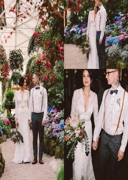 

kate middleton in jenny packham lace boho long sleeve wedding dresses with belt elegant v neck bridal wedding gowns 20203929713, White
