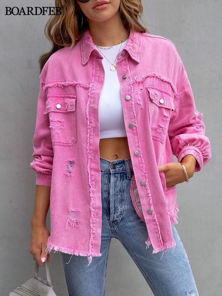 

womens jackets women ripped denim jacket spring casual distressed jean long sleeve with pockets ladies tassels solid coat loose outwear 230, Black;brown