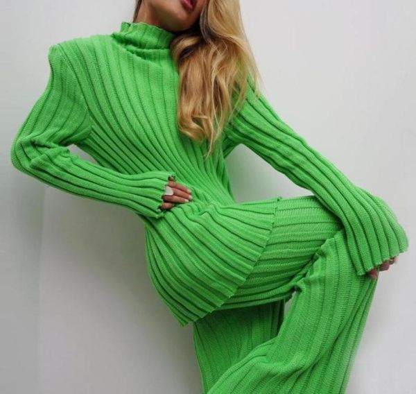 

women039s two piece pants knitted sets women turtleneck sweater ribbed trousers suits female long sleeve casual fashion outfits2991985, White