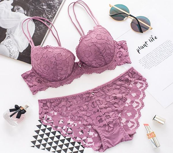 

whole lace floral lingerie set push up bra women comfort adjusted bra and panty set backless wireless underwear set3479445, Red;black