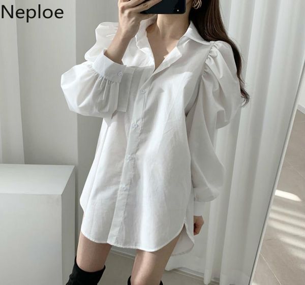 

neploe 2020 women elegant long shirt women solid turn down collar puff sleeve blouse female casual white office lady 1a5912343033