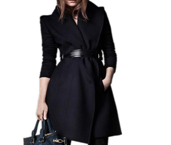 

plus size 3xlautumn winter fashion woolen coat women notched lapel slim belted wool blends coat6435152, Black