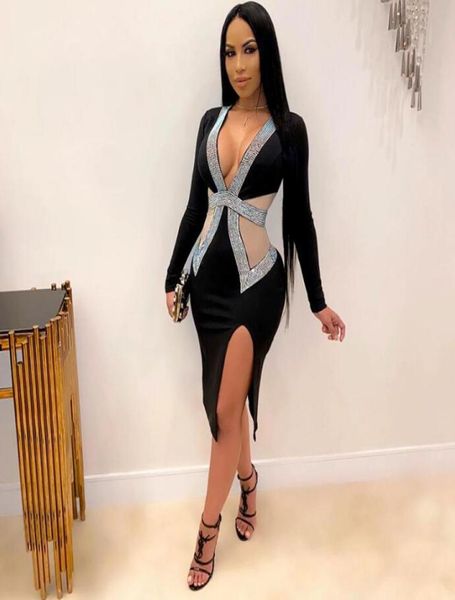 

new womens midi deep v neck gauze ironed drill tight bag hip club evening dress size sxxxxl2595314, White;black