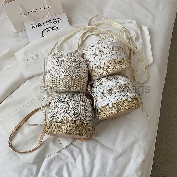 

drawstring fashion lace woven bag 2023 new water bucket bag girl teng woven beach bag degree artificial hand carrying crossbody bag girlstyl
