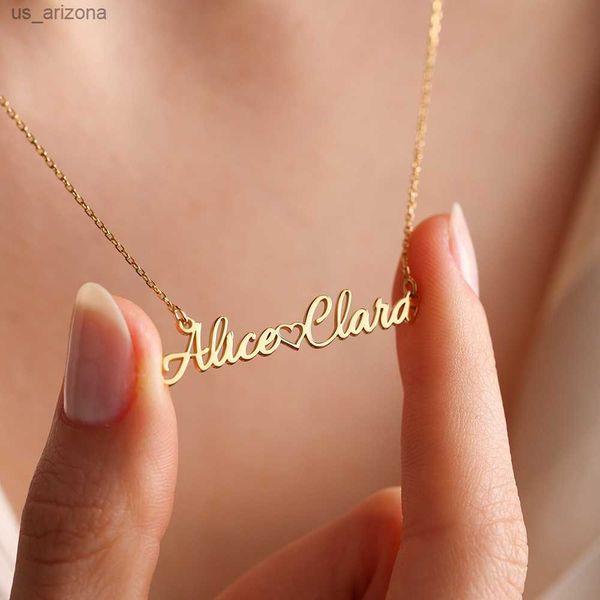 

custom stainless steel two name necklace personalized heart nameplate pendant neck chain fashion christmas gifts for men women l230620, Silver
