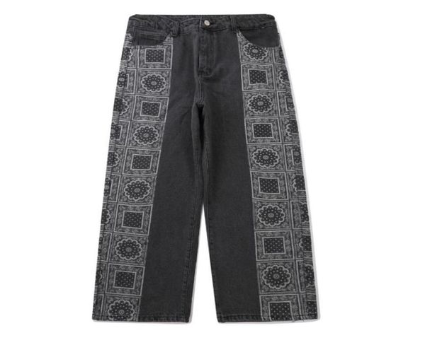 

men039s jeans hip hop patchwork side pattern print denim casual streetwear harajuku straight pant man oversized jogger men trou9334455, Blue