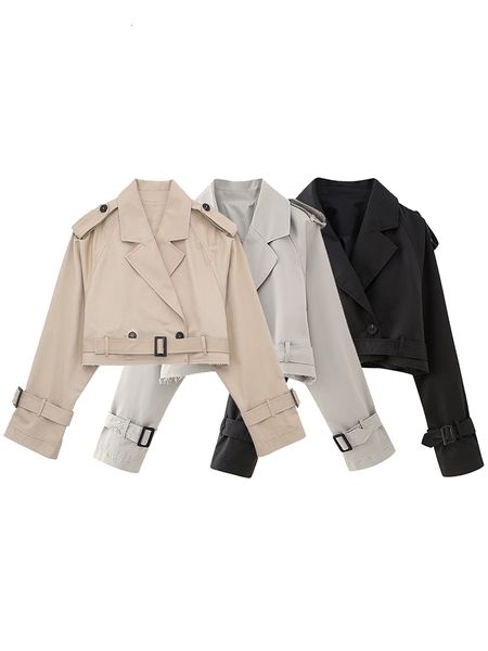 

women's trench coats willshela women fashion with belt cropped trench jacket vintage notched neck long sleeve female chic lady coat out, Tan;black