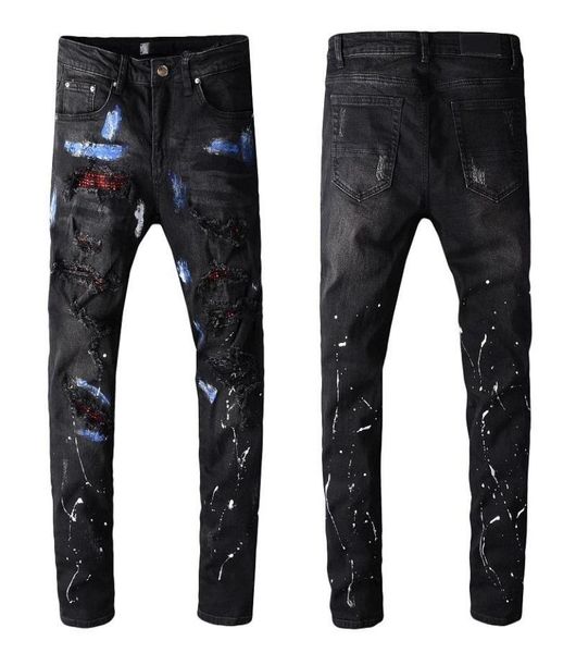 

famous brand mens designer jeans men women motorcycle biker hip hop jeans mens distressed ripped black skinny jeans pants4879384, Blue