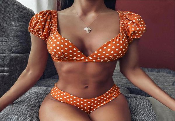 

white polka dot bikini set 2020 short puff sleeve swimsuit women high cut swimwear summer vintage orange bathers bathing suit1730117, White;black