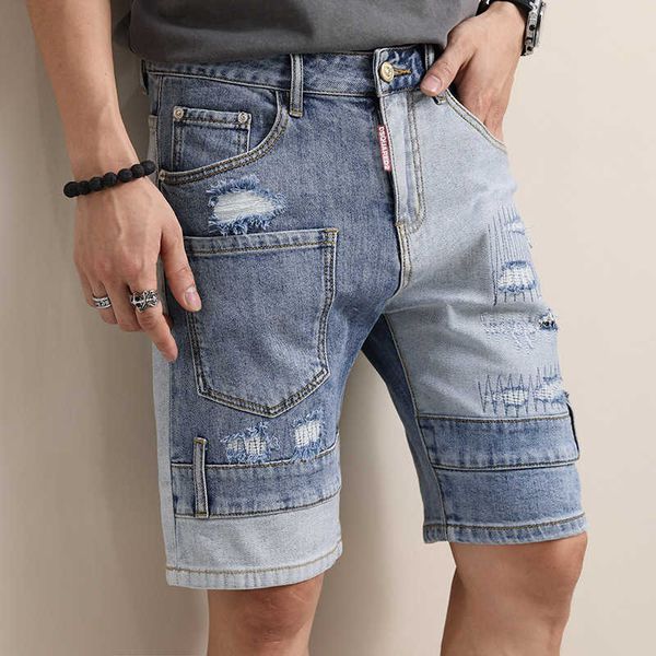 

new dsq fashion men's patch denim shorts pants men's dislocation asymmetric multi pocket color contrast art man, Blue