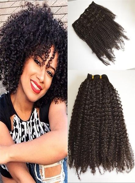 

4b 4c afro kinky curly clip in human hair extensions 7pcsset full head malaysian clip ins fdshine3741514, Black;brown