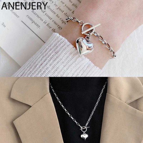 

anenjery silver color love heart necklace bracelet set for women temperament all-match stylish jewelry l230620